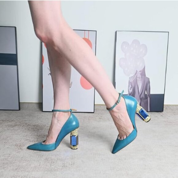 FSJ Blue Crystal Heels Pointed Toe Pumps Ankle Strap Ladies Party Dress Shoes - Picture 1 of 8
